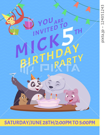 Birthday invitations. kids party placard with cartoon animals and place for text 124051243