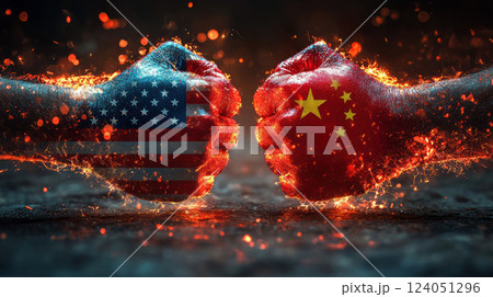 Trade war concept. Fiery clash of fists symbolizing trade war tension and rivalry 124051296