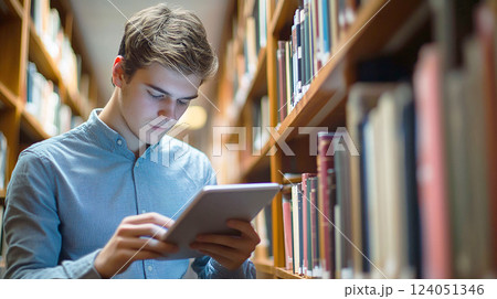 図書館でタブレットを使って勉強する学生 図書館でタブレットを使って勉強する学生 124051346