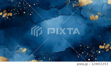 青とゴールドのインクが広がる高級感のある背景 124051353