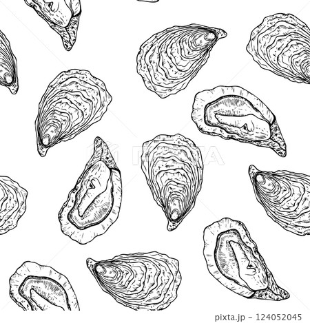 Seamless pattern with vector Oysters and scallop. Hand painted line seashell. Graphic clip art isolated on background. Underwater illustration. For designers, invitations, decoration, postcards Seamless pattern with vector Oysters and scallop. Hand painted line seashell. Graphic clip art isolated on background. Underwater illustration. For designers, invitations, decoration, postcards 124052045