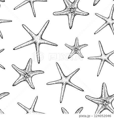 Seamless pattern with vector starfish. Hand painted line sketch. Graphic tropical clip art isolated on background. Underwater illustration. For designers, invitations, decoration, postcards, wrapping 124052046