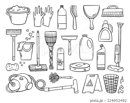 Doodle cleaning elements. Detergent bottles, brooms, bucket with napkin and soap bubbles. Sponge and vacuum cleaner, clean service neoteric vector set Doodle cleaning elements. Detergent bottles, brooms, bucket with napkin and soap bubbles. Sponge and vacuum cleaner, clean service neoteric vector set 124052492