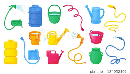 Watering accessories. Rubber watering hoses, water can, plastic containers and bucket. Garden, cartoon planting care equipment neoteric vector clipart 124052501