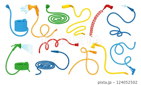 Garden watering hoses. Gardening rubber equipment for grass lawn garden planting. Hose pipes and plastic nozzle, dripping and water, neoteric vector set 124052502
