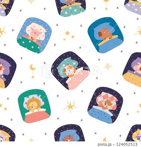 Cute animals in bed seamless pattern. Sleeping cat panda lion pig, funny animal. Sweet dreams fabric print design with stars, nowaday vector background 124052513