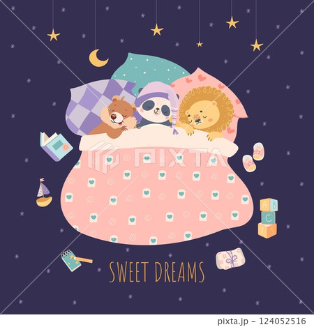 Friends sleep in bed. Cute animals sleeping, chipmunk panda and lion dreams on pillows and blanket. Sweet dreams childish poster, nowaday vector background 124052516
