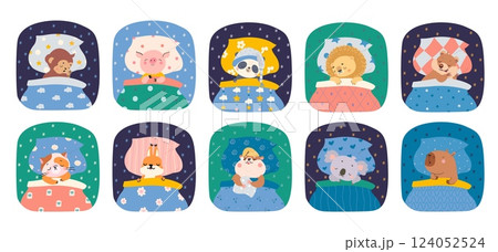 Animals sleeping in beds. Cartoon cat pig monkey panda lion koala sleep on pillows with blankets. Night dream time, animal nowaday vector set 124052524