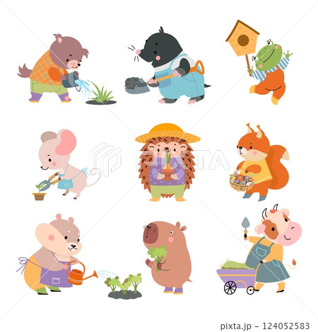 Animals gardeners. Funny little animal planting and gardening, cultivate plants. Cute characters watering, dig ground, trim plants. Garden works nowaday vector set 124052583