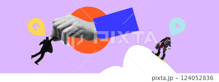 Futuristic corporate handshake bridging business world and digital nomadism, with professionals navigating work-life landscapes. Futuristic corporate handshake bridging business world and digital nomadism, with professionals navigating work-life landscapes. 124052836