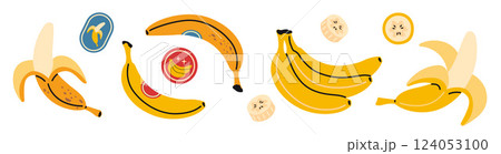 Set with bananas, bunch, whole and cut fruits and slices. Modern vector illustration isolated on white background, hand drawn, flat design Set with bananas, bunch, whole and cut fruits and slices. Modern vector illustration isolated on white background, hand drawn, flat design 124053100