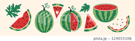 Cute watermelon set. Whole fruit, Half, slices and triangles. Trendy modern vector illustration isolated on background, hand drawn, flat design 124053106
