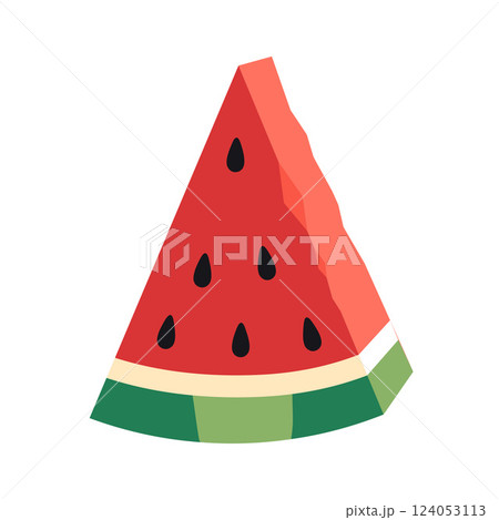 Cute watermelon slice triangular shape with seeds. Trendy modern vector illustration isolated on white background, hand drawn, flat design Cute watermelon slice triangular shape with seeds. Trendy modern vector illustration isolated on white background, hand drawn, flat design 124053113