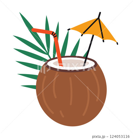 Coconut tropical cocktail, shells, umbrella, straw and leaf. Modern vector illustration isolated on white background, hand drawn, flat design Coconut tropical cocktail, shells, umbrella, straw and leaf. Modern vector illustration isolated on white background, hand drawn, flat design 124053116