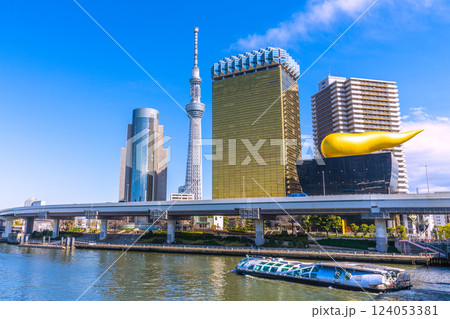 日本の東京都市景観 浅草水上バス乗船場前に来たエメラルダスどを望む＝3月17日 124053381