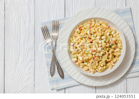 macaroni salad with celery, eggs, red bell pepper macaroni salad with celery, eggs, red bell pepper 124053551