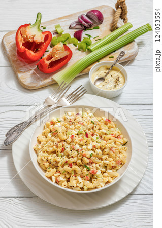 macaroni salad with celery, eggs, red bell pepper 124053554
