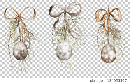Easter decoration Watercolor illustration ornament in vintage style. Hand drawn design holiday religion embellishment in brown tones for card and invitation. For springtime holy celebration templates. 124053567