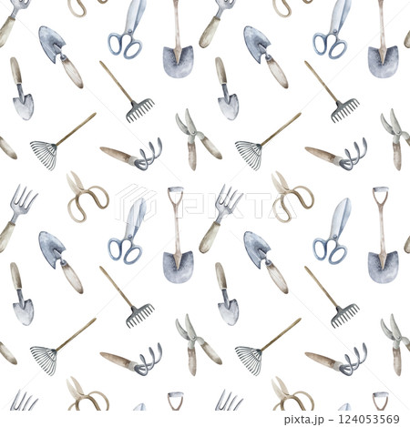 Garden tools watercolor seamless pattern. Wallpaper agricultural implements, gardening equipment . A shovel and a rake with pruning shears are hand drawn for spring background, ornament. Garden tools watercolor seamless pattern. Wallpaper agricultural implements, gardening equipment . A shovel and a rake with pruning shears are hand drawn for spring background, ornament. 124053569