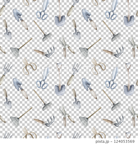 Garden tools watercolor seamless pattern. Wallpaper agricultural implements, gardening equipment . A shovel and a rake with pruning shears are hand drawn for spring background, ornament. Garden tools watercolor seamless pattern. Wallpaper agricultural implements, gardening equipment . A shovel and a rake with pruning shears are hand drawn for spring background, ornament. 124053569