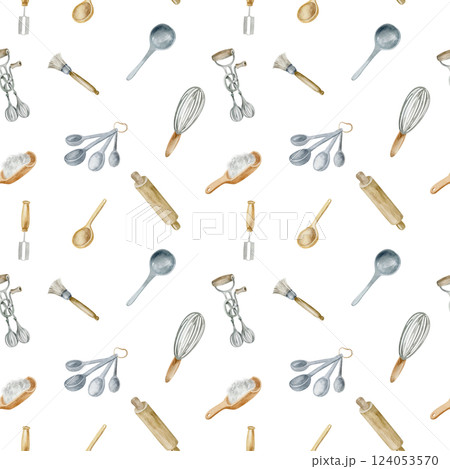 Kitchen utensils watercolor seamless pattern. Wallpaper kitchen tools, cooking utensils. A whisk and a spatula, spoon, with cutlery are hand drawn for homey background, ornament. 124053570