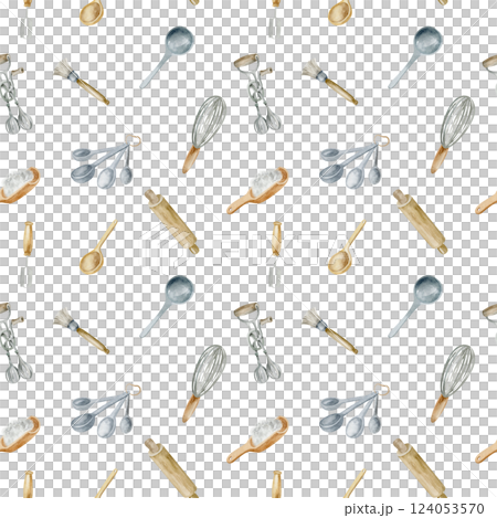 Kitchen utensils watercolor seamless pattern. Wallpaper kitchen tools, cooking utensils. A whisk and a spatula, spoon, with cutlery are hand drawn for homey background, ornament. 124053570
