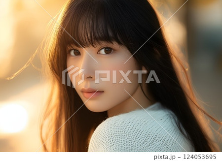 夕日に照らされた女性のポートレート 夕日に照らされた女性のポートレート 124053695