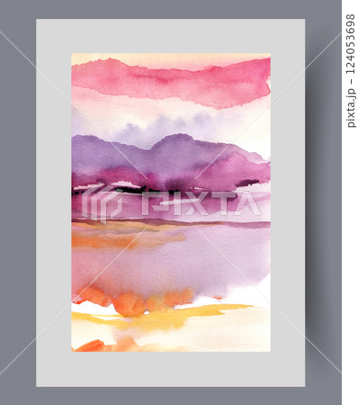 Summer sunset over lake with warm water at foot of high watercolour mountains on opposite shore Summer sunset over lake with warm water at foot of high watercolour mountains on opposite shore 124053698