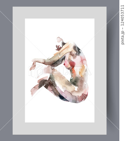 Seductive naked woman without face during erotic photo shoot on poster. Watercolor artwork 124053711