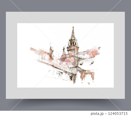 Antique castle with tower rising above roofs, in gothic style on print. Watercolor artwork Antique castle with tower rising above roofs, in gothic style on print. Watercolor artwork 124053715