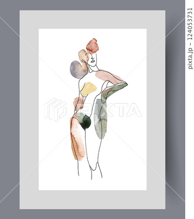 Erotic confident woman standing without clothes holding hand on belt on wall art. Watercolor artwork Erotic confident woman standing without clothes holding hand on belt on wall art. Watercolor artwork 124053731