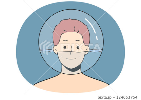 Man with glass ball filled with water on his head for concept of psychological problems Man with glass ball filled with water on his head for concept of psychological problems 124053754