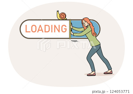 Woman suffers from slow internet and pushes loading bar with snail, needing to connect to 5G network 124053771