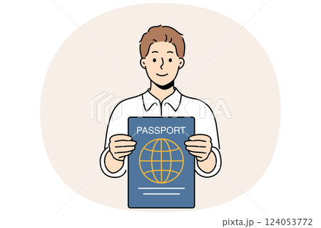 Man with international passport in hands that allows him to travel world and visit new countries Man with international passport in hands that allows him to travel world and visit new countries 124053772