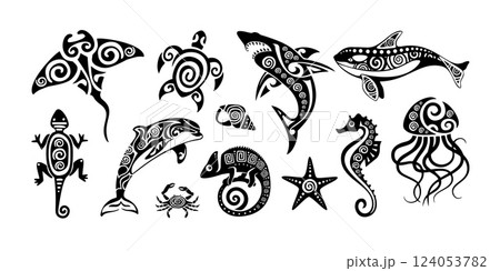 Polynesian tribal animal tattoos. Maori style ocean creatures as stingray, sea turtle, shark, whale, dolphin, crab, starfish, seahorse and jellyfish. Lizard ethnic ink art vector set 124053782