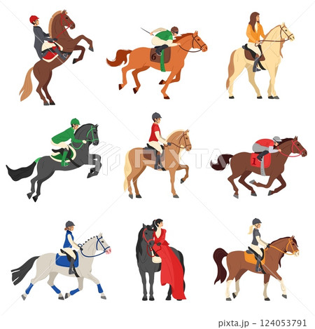 Cartoon horse riders. People riding horses, professional equestrian horsemen in jockey clothes and helmets galloping, jumping, dressage and racing vector illustration set 124053791