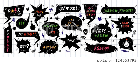 Punk rock speech bubble frames. Grawlix censored swearwords text balloons, hand drawn comic swear word bubbles with cartoon swearing effect, anger symbols and doodle squiggles. Vector elements set 124053793