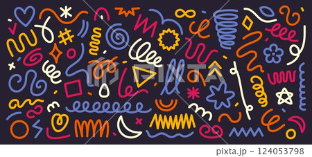 Abstract colorful line doodle shapes. Hand drawn scribbles, curvy and wavy lines, squiggles, swirls and spirals. Geometric strokes with rounded edges vector elements set 124053798