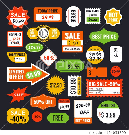Price tag templates. Retro sale labels, starburst shape discount, today price frame, limited offer and sticky paper promotion tags. Hot, best and new price badges design elements vector set 124053800