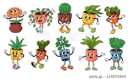 Retro cartoon potted plant characters. Groovy houseplant mascots, smiling flower, funny pot with cactus and succulent with smiling face. Home garden plants rubber hose style vector illustration set 124053804
