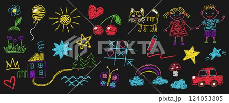 Kids crayon doodle drawings. Hand drawn flower, chalk textured sun, rainbow and cloud, scribble house sketch, pastel car and cat kids art. Chalkboard drawing vector set 124053805