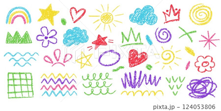Kids crayon drawings. Hand drawn scrawls, chalk sun doodle, rainbow sketch, scribble star shape, scrawl heart and pastel cloud drawing. Simple child art vector set 124053806