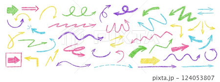 Crayon doodle arrows. Chalk textured pointer, hand drawn squiggle, curly, wavy and zigzag arrow lines. Swirl cursor, dashed guide line and sketch direction pointers vector set Crayon doodle arrows. Chalk textured pointer, hand drawn squiggle, curly, wavy and zigzag arrow lines. Swirl cursor, dashed guide line and sketch direction pointers vector set 124053807