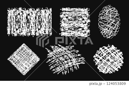 Hatched shapes. Chalk scribble square, crayon scrawl oval, charcoal strokes sketched circle, hand drawn rectangle, shabby rhombus with freehand strokes and cross hatched texture vector backgrounds set 124053809