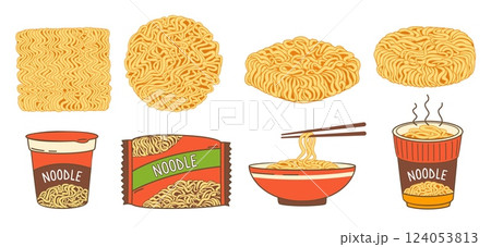Instant noodles. Dried noodle blocks and fast food packaging, quick ramen meal in cup and bowl with chopsticks. Asian fast food noodles hand drawn isolated vector illustration set Instant noodles. Dried noodle blocks and fast food packaging, quick ramen meal in cup and bowl with chopsticks. Asian fast food noodles hand drawn isolated vector illustration set 124053813