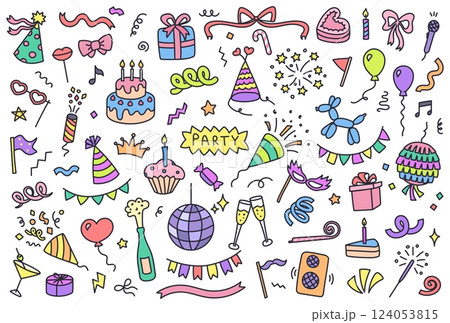 Hand drawn party decorations. Celebration doodles of party cap and blowouts, birthday cake, gift boxes, balloons, fireworks, ribbons and confetti isolated vector elements set 124053815