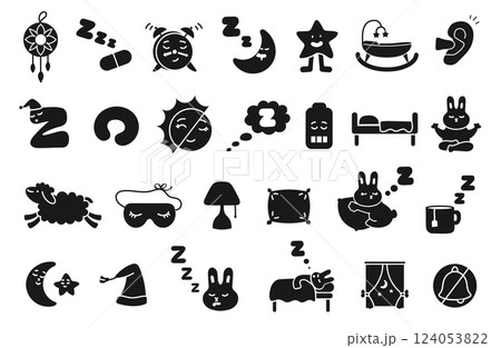 Stencil sleep icons. Bedtime and night dream, sleeping pill with Zzz snoring, rest mask, dreamcatcher, pillow, bed and alarm clock. Insomnia and healthy sleep concepts silhouette symbols vector set 124053822