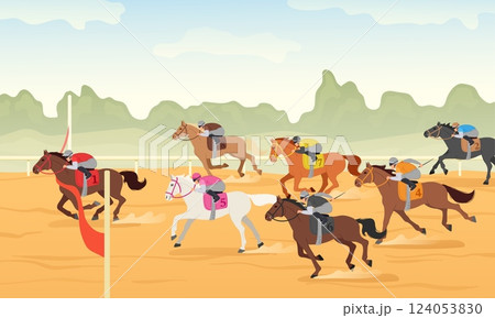 Horse race finish line. Equestrian sport competition winner crossing red ribbon, hippodrome championship and jockey tournament victory cartoon vector illustration 124053830