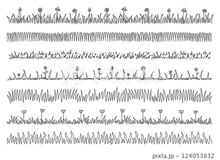 Doodle grass dividers. Decorative spring stripes with hand drawn lawn grasses and blooming flowers, meadow greenery. Floral borders line art vector set 124053832
