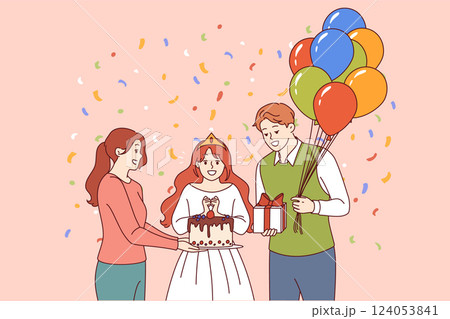 Birthday of little princess standing next to mom and dad holding cake and gift with balloons Birthday of little princess standing next to mom and dad holding cake and gift with balloons 124053841